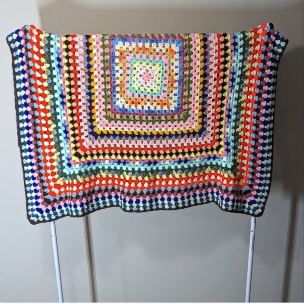 Granny Square Afghan Handmade Vintage Crochet Yarn Blanket